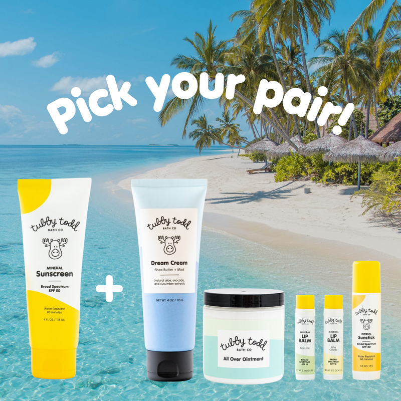 sun care products and dream cream and AOO against a photo of a tropical beach