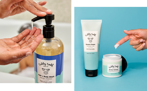 hands pumping hair + body wash on the left image while on the right image, a finger is scooping out of all over ointment next to dream cream