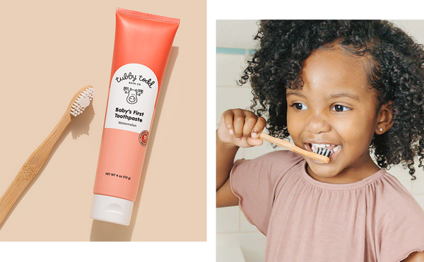 New Baby's First Toothpaste lying on the beige color background with brush next to it on the left photo, and girl brushing her teeth on the right photo.