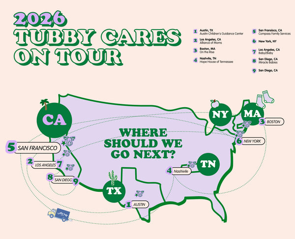 Map of the United States with locations marked for Tubby Cares 2026 tour.
