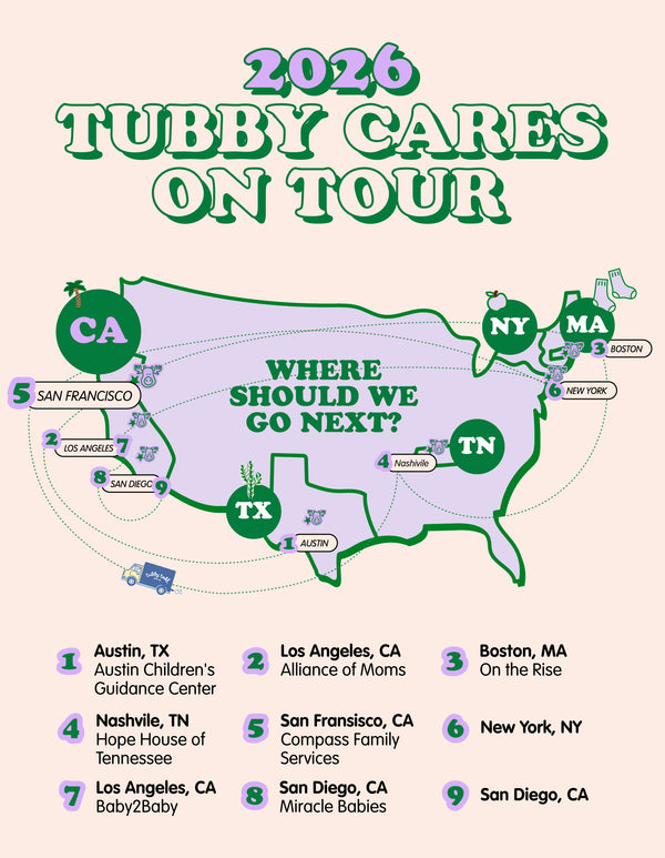 Map of the United States with locations marked for Tubby Cares 2026 tour.