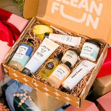 Box of Tubby Todd products with visible branding on a colorful background