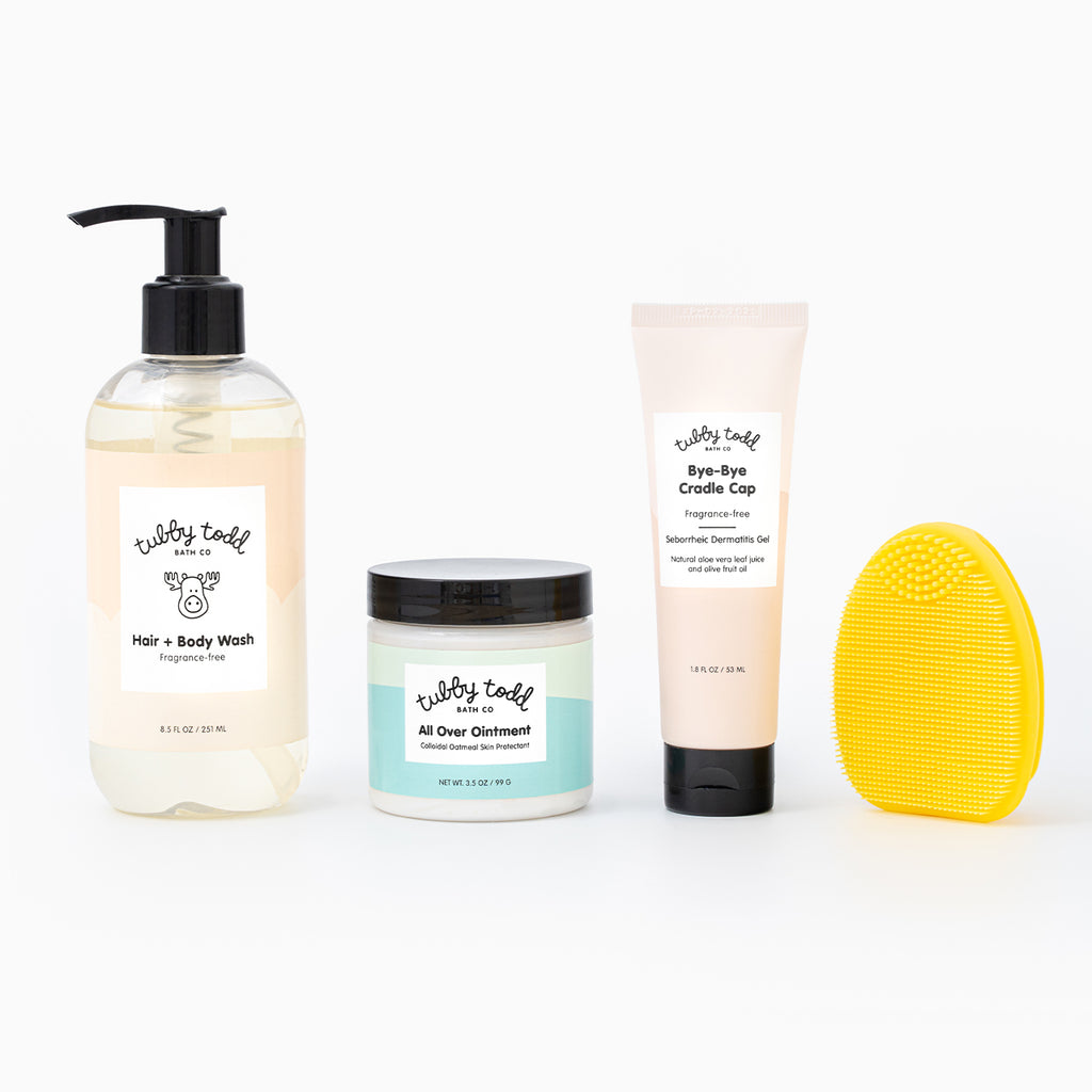 The Cradle Cap Bundle which includes Fragrance Free Hair + Body Wash, All Over Ointment, Bye-Bye Cradle Cap, and Cradle Cap brush
