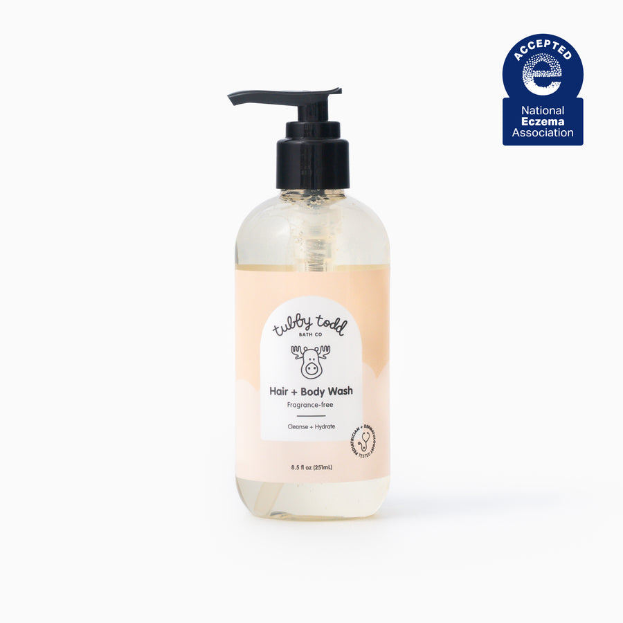 8.5oz Fragrance-free Hair Body Wash product image on white background, added NEA seal.