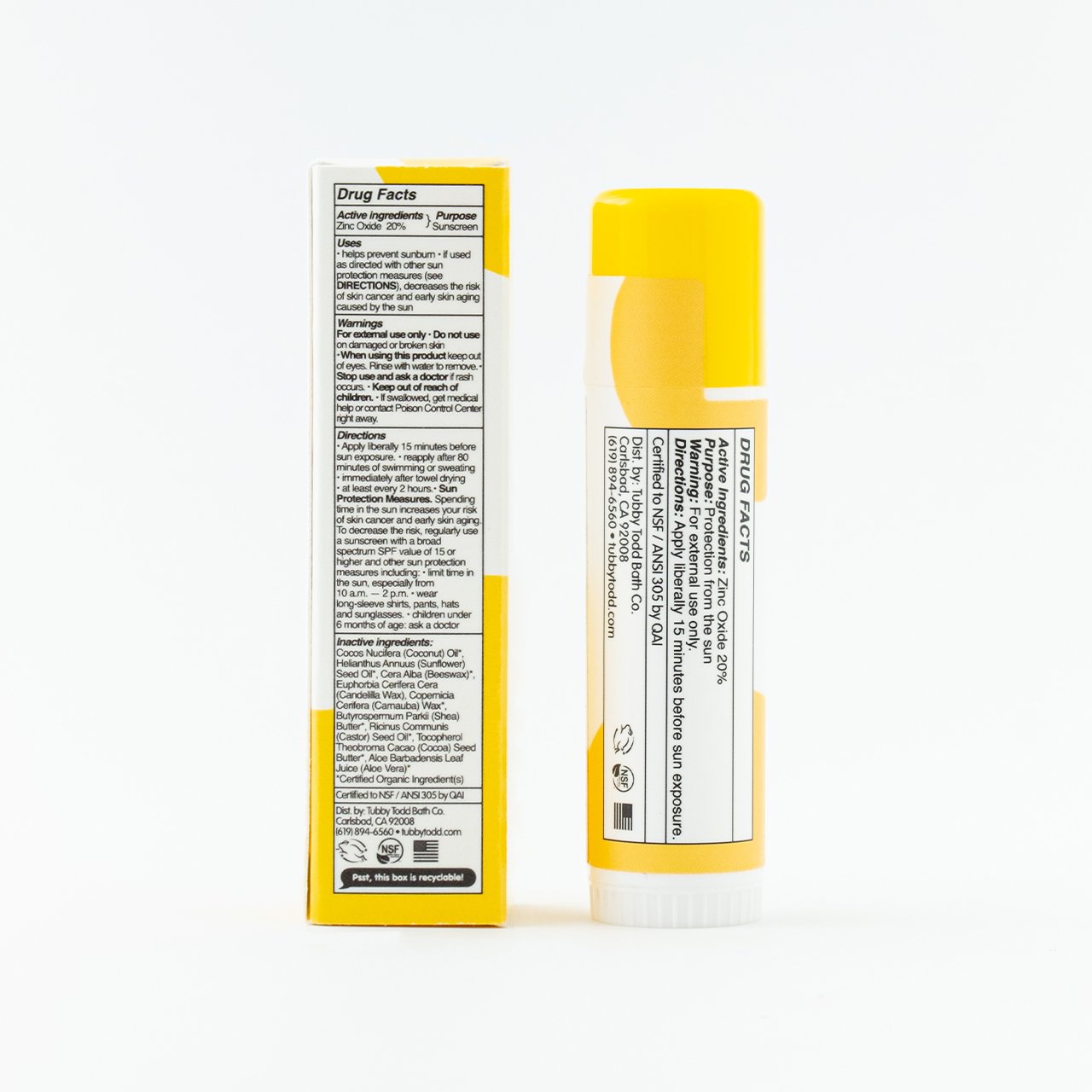 Back of Mineral Sunstick product and box showing Drug Facts