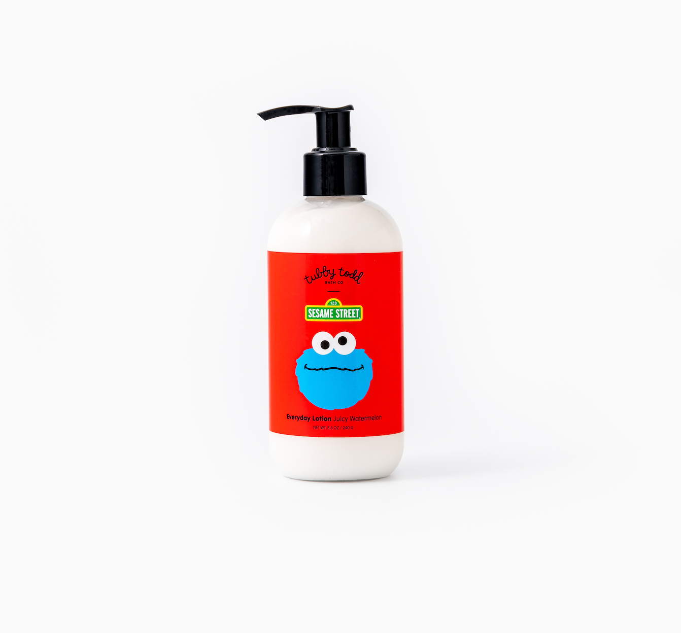 Sesame Everyday Lotion red label with Cookie Monster's face