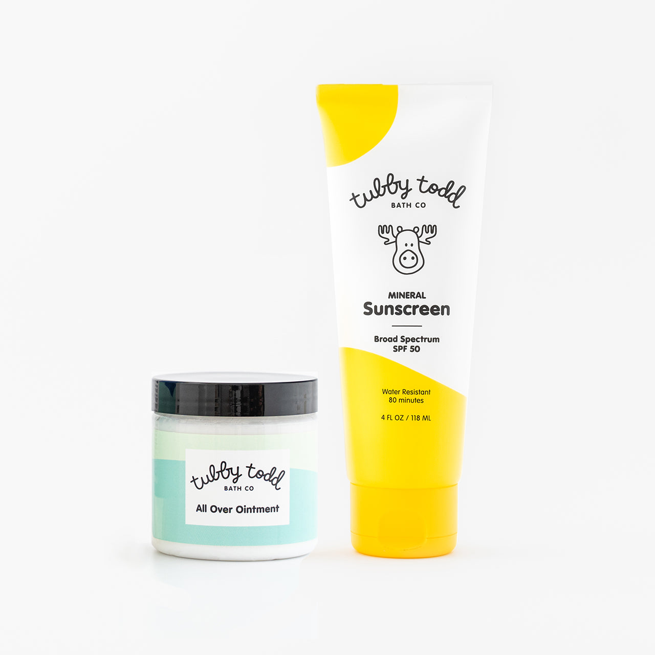 Mineral Sunscreen next to All Over Ointment on white background