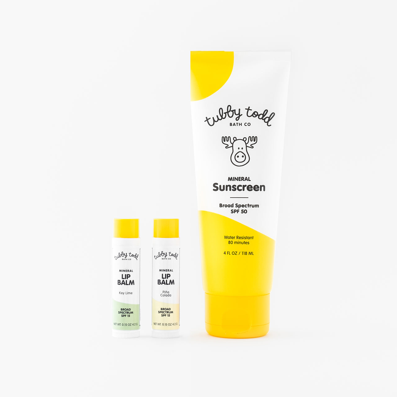 Mineral Sunscreen next to 2-pack SPF Lip Balm on white background