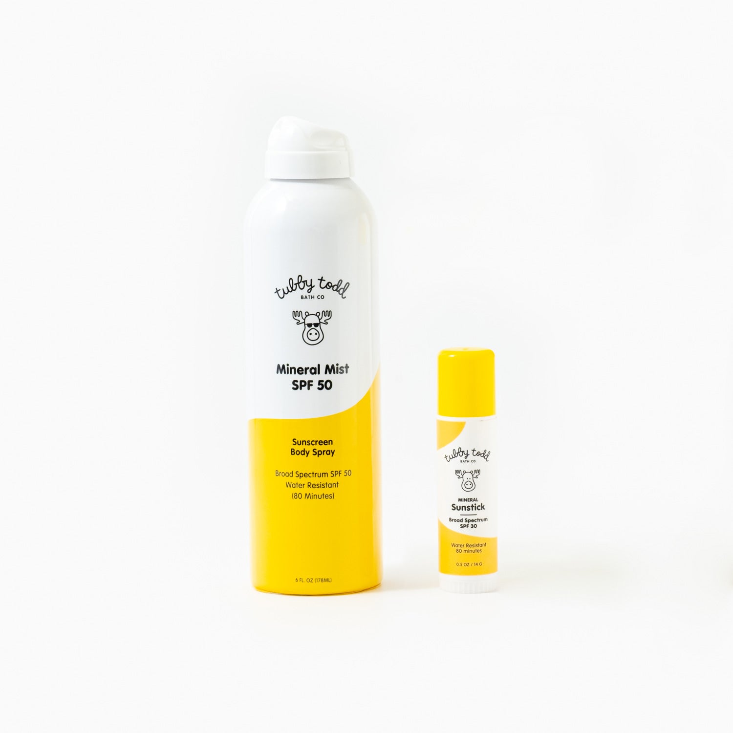 Mineral Mist and Mineral Sunstick bottles next to each other on white background