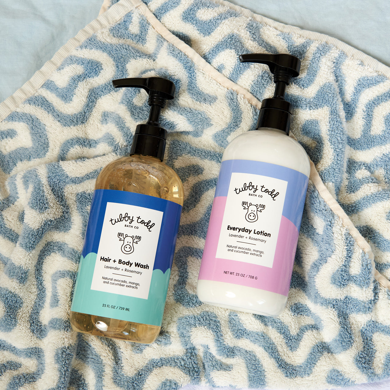 Hair + Body Wash and Everyday Lotion 25 oz bottles on blue and white towel